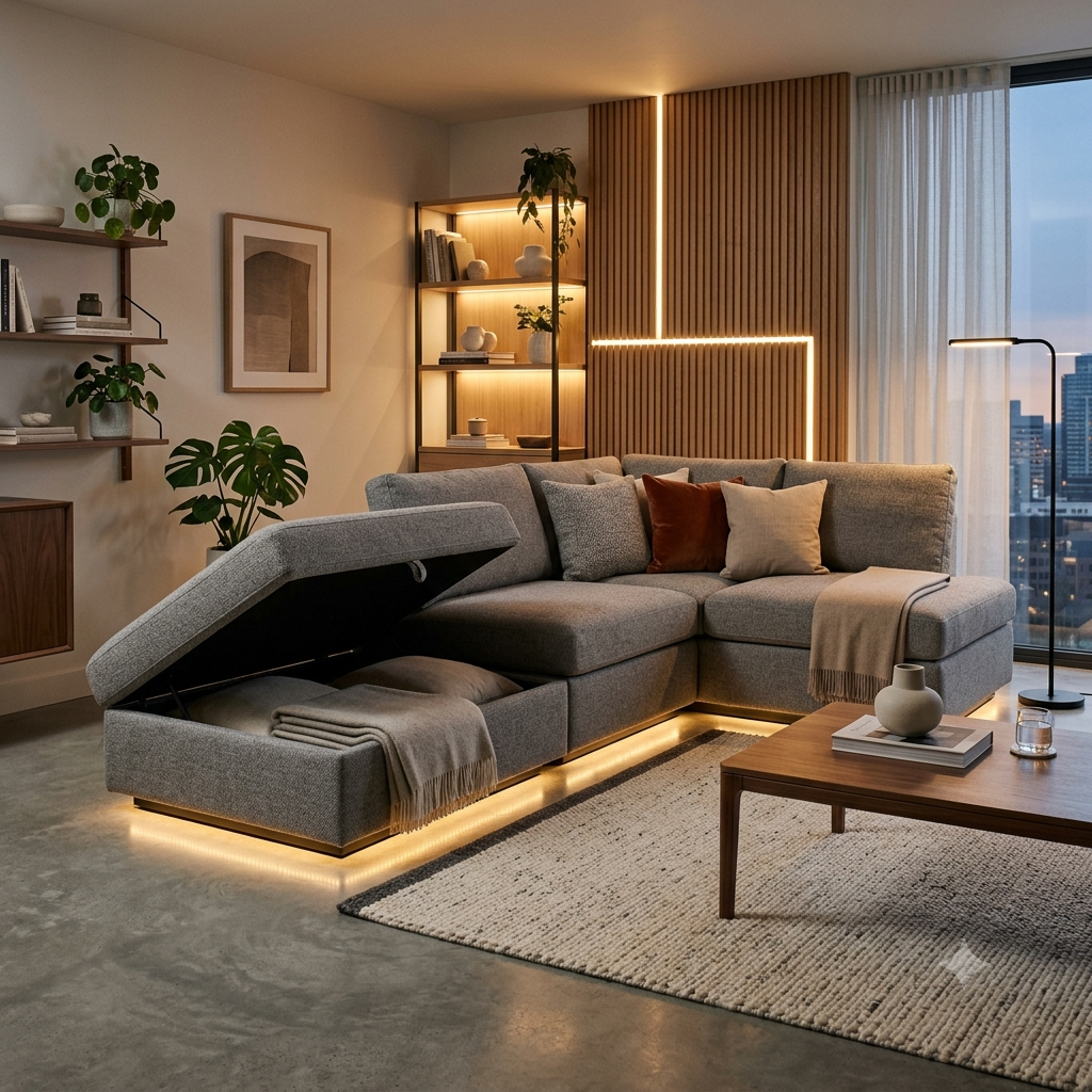 Modular sofa with built in ottoman storage, a configurable seating system where every cushion conceals deep compartment access and the ottoman functions as an independent movable coffee table or footrest